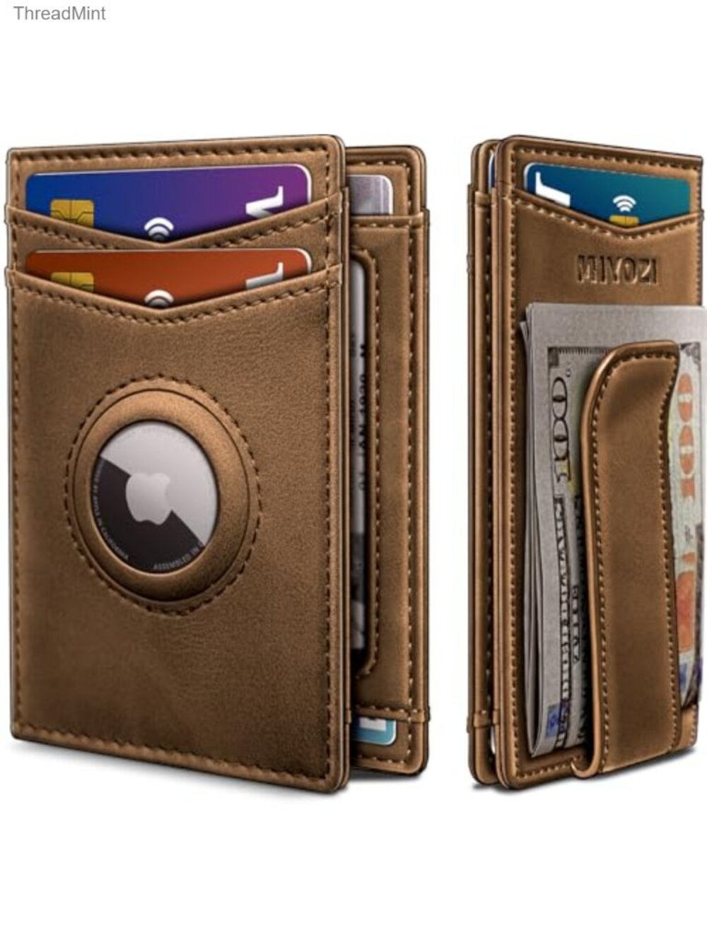 Slim Genuine Leather Wallet Money Clip RFID Blocking Airtag Slot